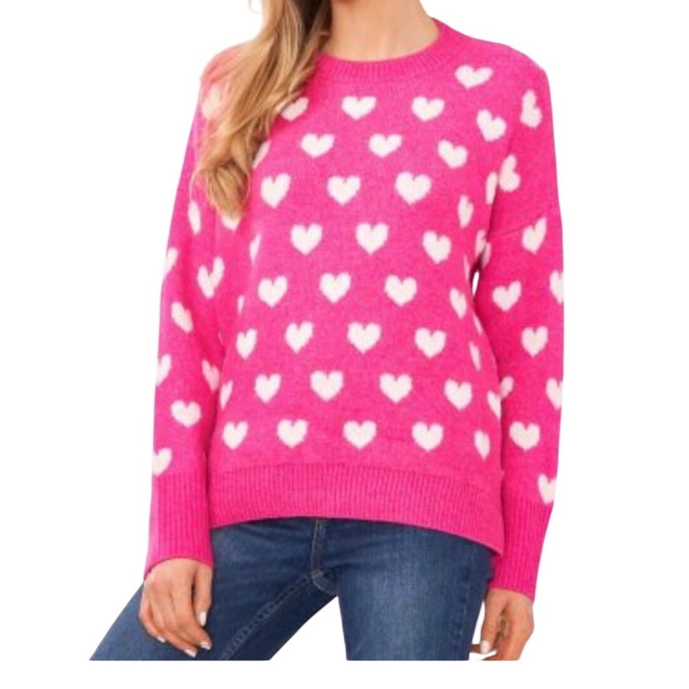 Vince Camuto Pink White Heart Print Crew‎ Neck Long Sleeve Sweater Women Size XL